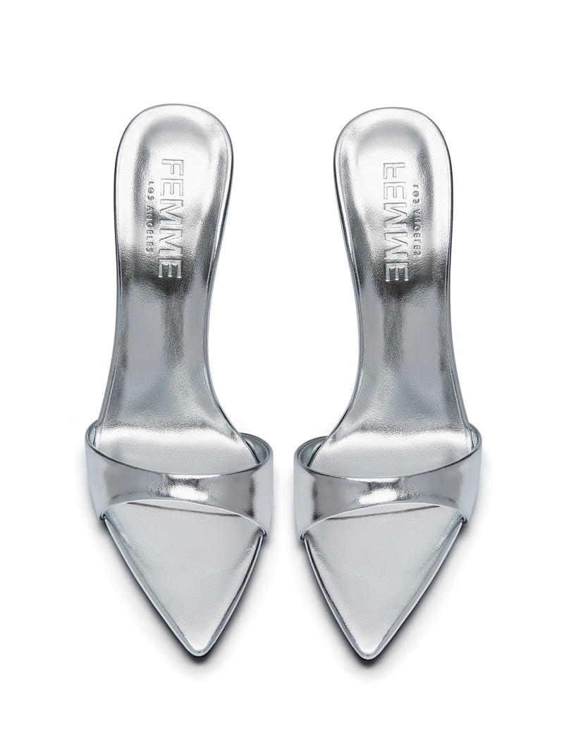 Femme LA Whiskey 100 in Platinum – top-down pair view of silver metallic pointed-toe mules with FEMME LOS ANGELES embossed insoles