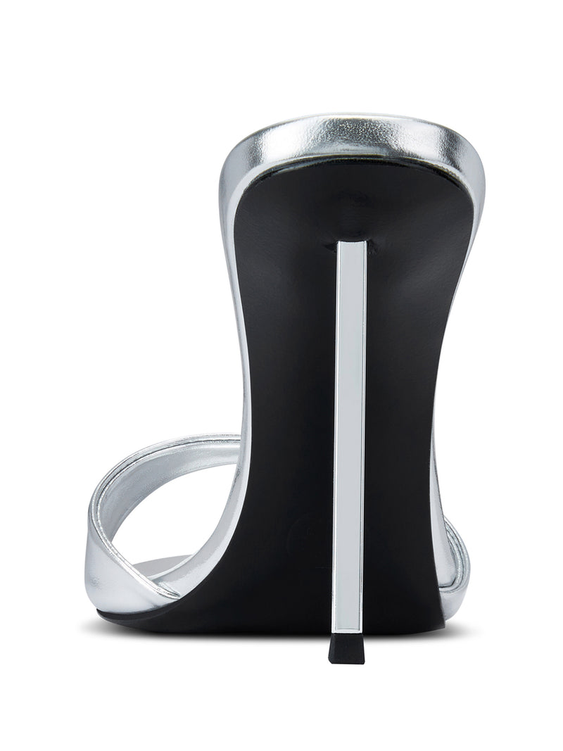 Femme LA Whiskey 100 in Platinum – back view, silver metallic heel counter, black heel with vertical silver accent stripe, slim stiletto