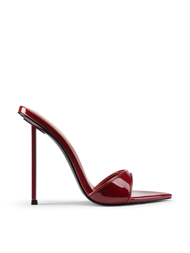 FEMME LA Whiskey Slipper in burgundy patent leather — side profile showing pointed toe, wide toe strap, and matching burgundy stiletto heel