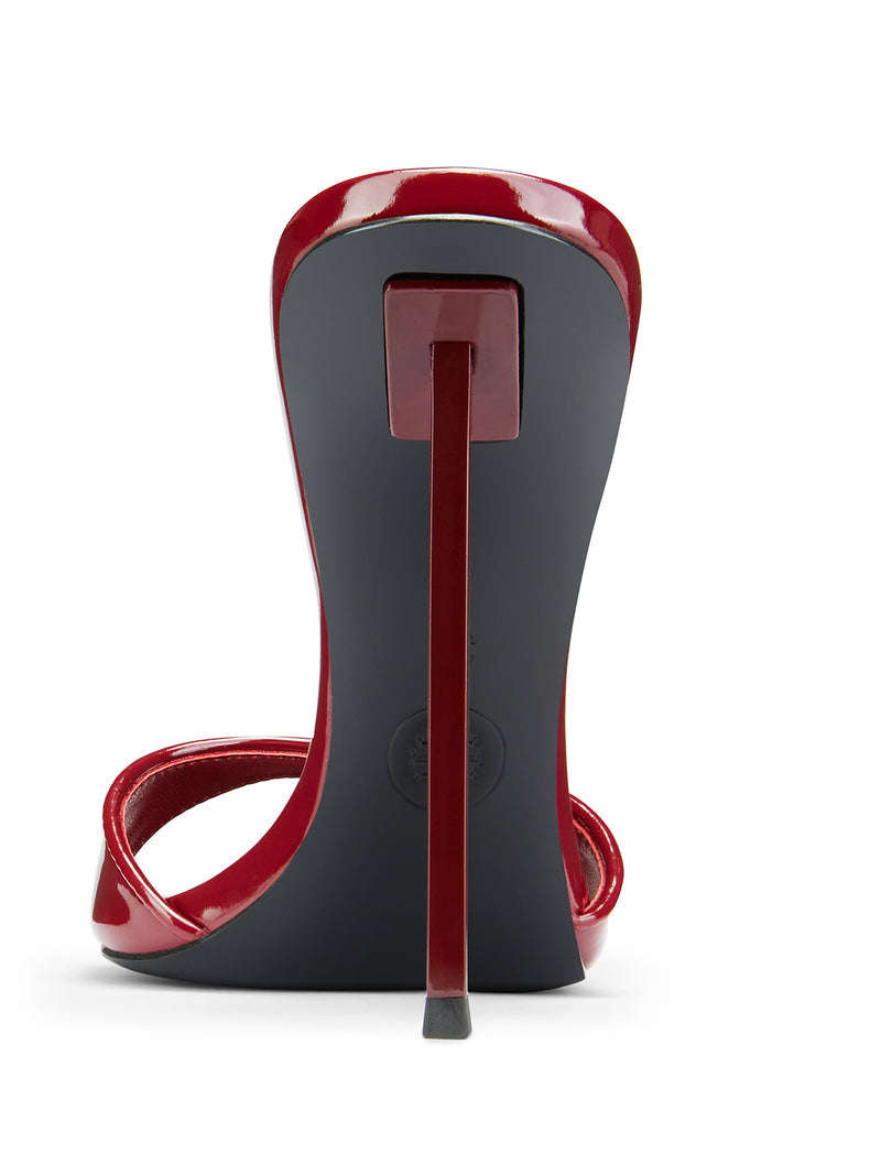 FEMME LA Whiskey Slipper burgundy patent mule — rear view showing dark grey sole and slim burgundy stiletto heel