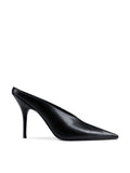 Femme LA Xaden Mule in Black – side profile of black leather closed-toe mule with dramatic deep V-cut vamp and slim stiletto heel