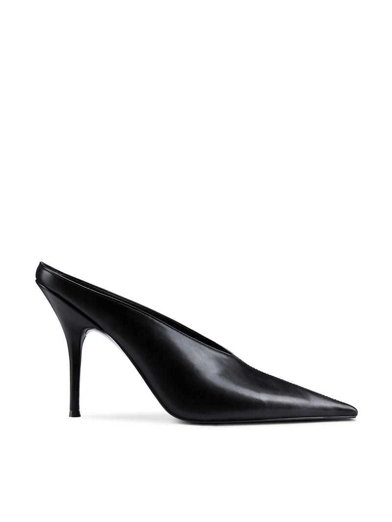 Femme LA Xaden Mule in Black – side profile of black leather closed-toe mule with dramatic deep V-cut vamp and slim stiletto heel