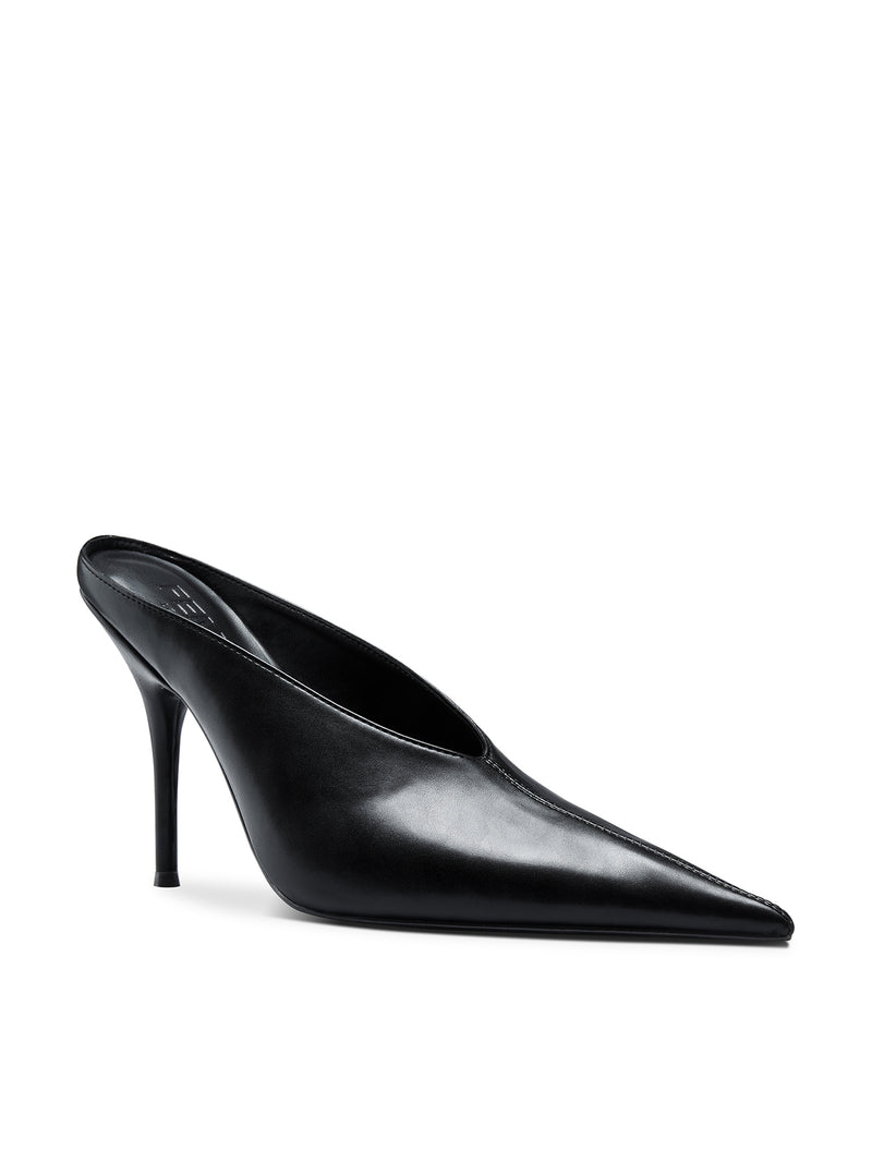 Femme LA Xaden Mule in Black – front three-quarter view showing deep V-cut vamp, pointed toe, and slim stiletto