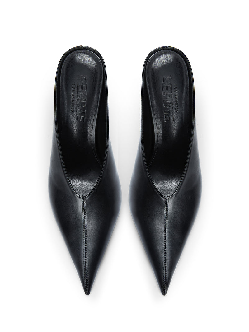 Femme LA Xaden Mule in Black – top-down view of the pair showing deep V-cut vamp silhouette and Femme LA branded insoles